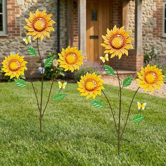 Metal Flowers for Outside, 30-Inch Iron Sunflower Garden Stakes Set of 2, Metal Yard Art Outdoor and Garden, Decorative Garden Stakes for Patio & Lawn Decor (Yellow)