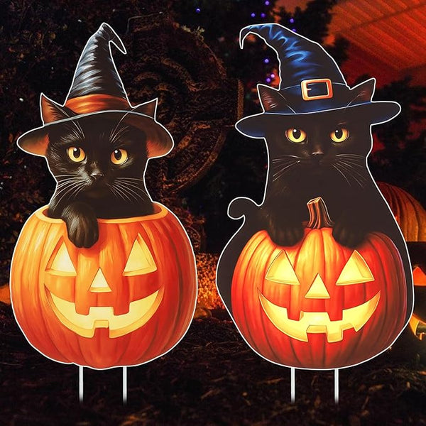 Large Outdoor Halloween Yard Signs, 2 PCS 31 inch Pumpkin Black Cat Halloween Yard Stakes Kids Friendly for Lawn Garden Home Decor Outside Party Supplies