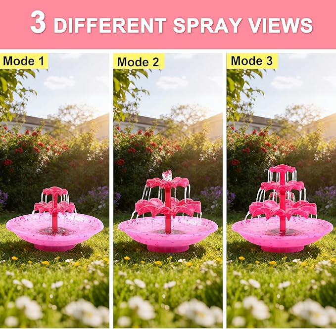 Yeomi Red 3-Tier Solar Fountain Pump with LED Lights, 24H Outdoor Water Feature, Detachable Design, Multi-Function Bird Bath Fountain for Garden Patio Yard Backyard Pond, 3.5W