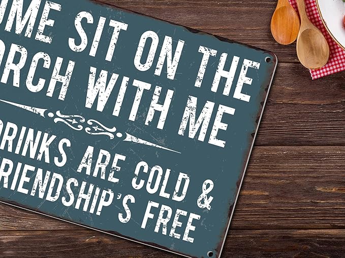 Front Porch Signs Decor Outdoor Aluminum Metal Tin Sign Vintage Camping Decorations, 12" X 16" Come Sit On The Porch with Me Funny Sayings