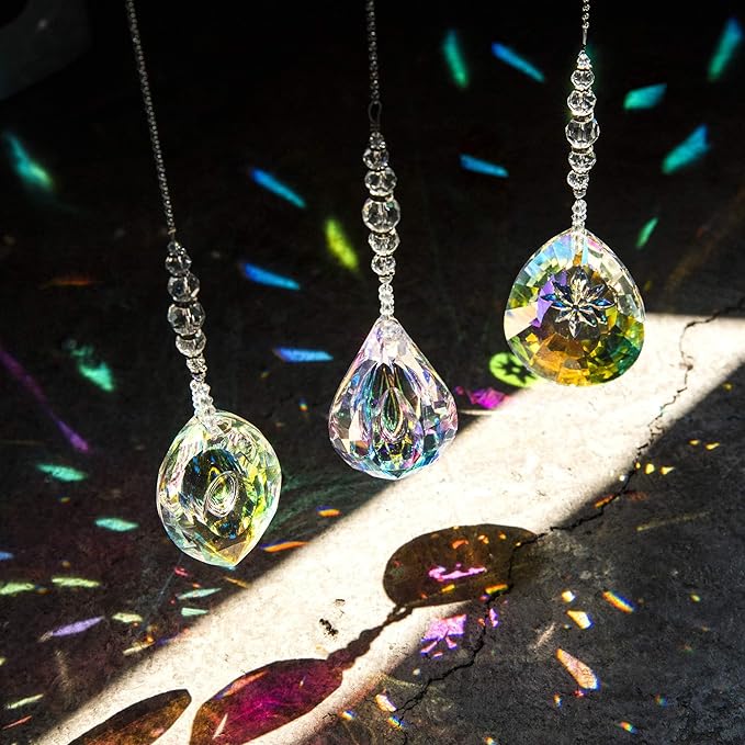 YU FENG 3PCS Crystal Suncatcher Set, Hanging Glass Prism Rainbow Maker for Window, Home & Garden Decor Light Catchers