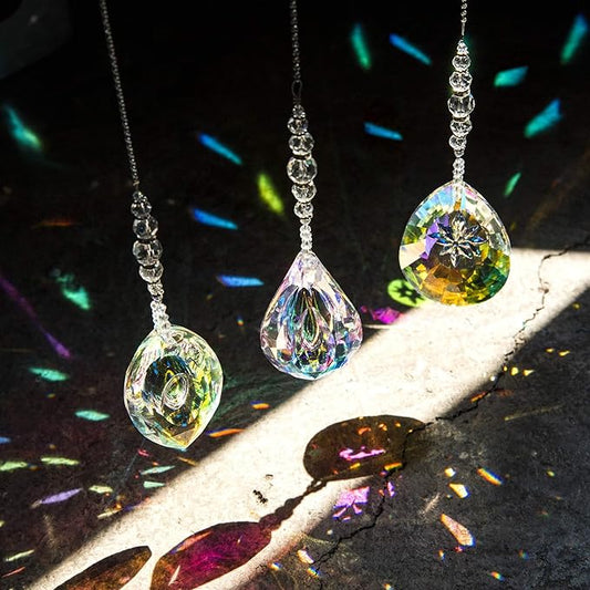YU FENG 3PCS Crystal Suncatcher Set, Hanging Glass Prism Rainbow Maker for Window, Home & Garden Decor Light Catchers