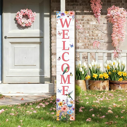Hummingbird Welcome Sign for Front Door, Spring Porch Sign Tulip Flowers Outdoor Yard Sign Seasonal Tall Floral Welcome Porch Sign Wildflowers Wood Door Sign for Garden Patio Wall Home Decor