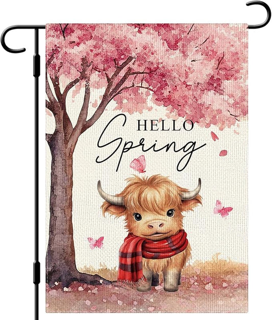 DLZDN Hello Spring Highland Cow Garden Flag Cherry Blossom Floral Butterfly Flag 12×18 Inch Double Side Vertical Burlap Farmhouse Yard Flag Seasonal Outdoor House Decoration