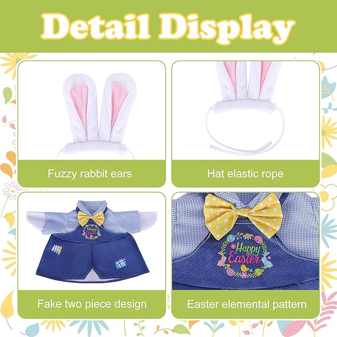Watayo 2 Pcs/Set Easter Porch Goose Outfits, Happy Easter Bunny Lawn Goose Costume, Cute Garden Goose Clothes Suspender Skirt and Bunny Ears Headband for 23" High Statue Spring Patio Yard Decor