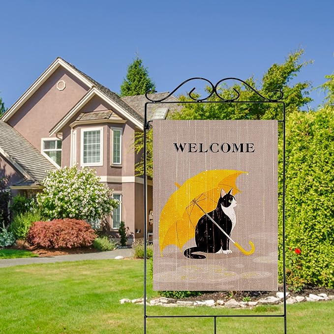 Dyrenson Welcome Spring Summer Tuxedo Cat 28 x 40 House Flag Double Sided, Pet Yellow Umbrella Garden Yard Decorations Cat Lover Gifts, Seasonal Burlap Outdoor Decor Decorative Large Flag
