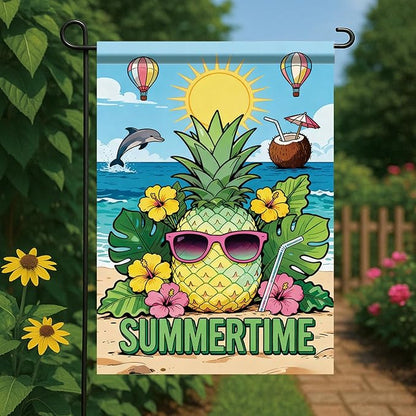 Summertime Pineapple Garden Flag Tropical Beach Sunglasses Outdoor Yard Porch Lawn Garden Decor for Summer Coastal Ocean Patio Pool Party Seasonal Home Display