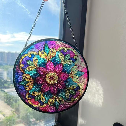 Bohemian Mandala Stained Glass Window Hanging Sun Catcher Indoor Outdoor Home Garden Panel Hangings Gift for Kits Adults (Red)
