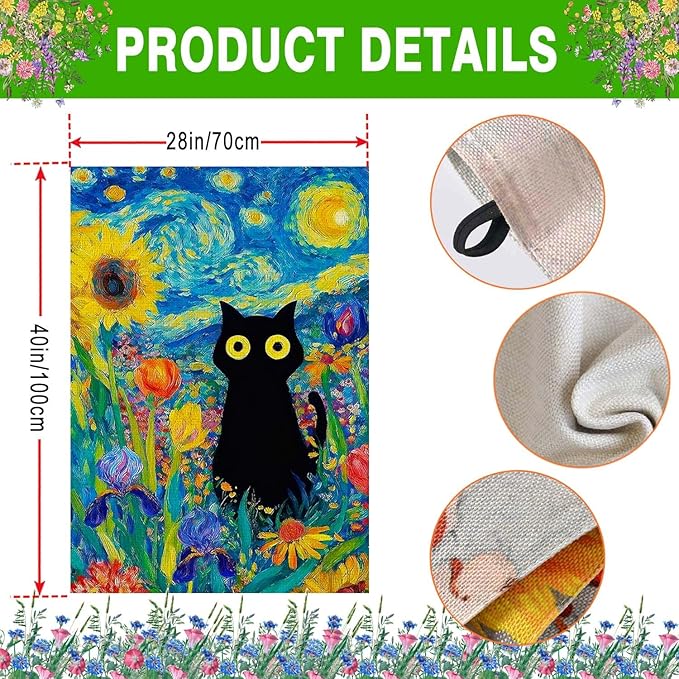 Oil Painting Starry Night Sky Moon Cat Flowers Spring House Flag 28x40 Inch Double Sided Large Burlap Yard Flag Seasonal Farmhouse Outdoor Outside Holiday Decoration