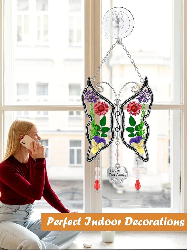 KY&BOSAM Gift for Aunt Suncatcher Butterfly I Love You Aunt Gift Stain Glass Suncather for Window Hanging Wind Chime with Pressed Flower Embedded Birthday Gifts for Women Mother`s Day Christmas