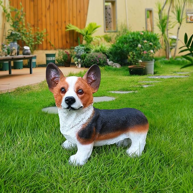 Red & White Corgi Pathway Greeter with Solar Lantern & Reversible Sign, Standing Corgi Statue for Doorway, Patio Rail, Balcony & Yard