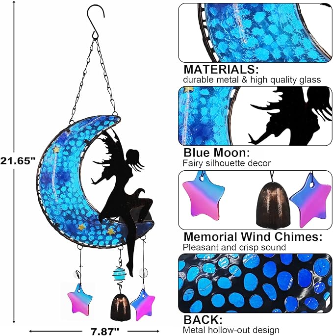 Memorial Wind Chimes Solar Hanging Glass Moon Lights Metal Fairy Angel Outdoor Wind Chimes for Mom Loved One Gifts