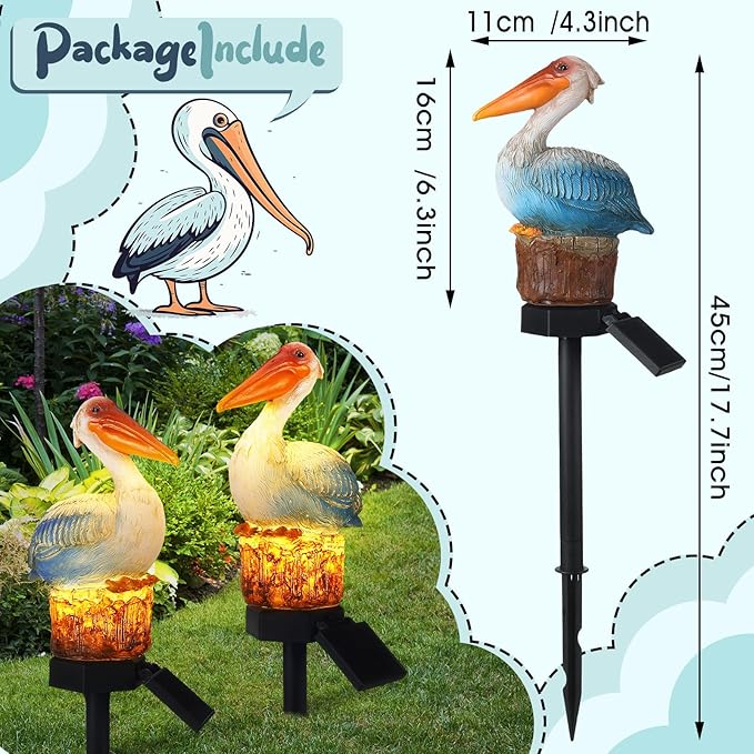 Leinuosen 2 Pack Solar Pelican Statues Outdoor Decorations Garden Sculpture Stake Decor Ocean Bird Art Waterproof Ornaments for Backyard Porch Lawn Walkway Patio Yard