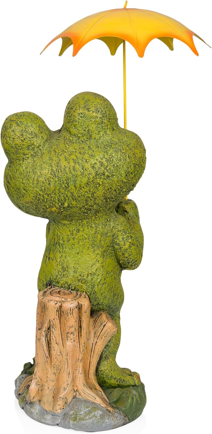 Alpine Corporation QWR1004 Indoor/Outdoor Smiling Frog with Yellow Umbrella Garden Statue, Playful Frog Statue, 23" H, Green