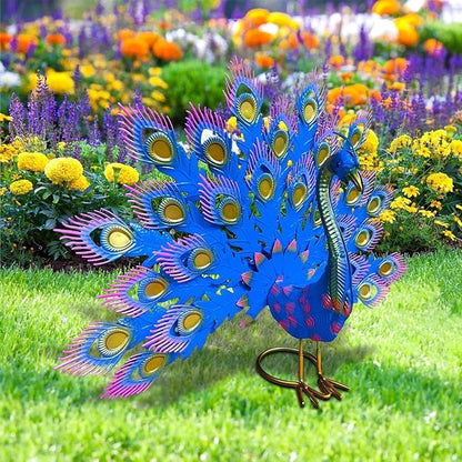 Vintage Wrought Iron Peacock Garden Statue - Weather- Metal Art for Yard,Porch or Patio,Hand-Painted Rustic Outdoor Decoration