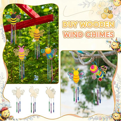 Leinuosen 30 Pcs Bee Wind Chime Kit for Kids Make Your Own Bee Wind Chimes Decorative DIY Coloring Wooden Crafts for Spring Art Activities Garden Home Patio Party Decorations
