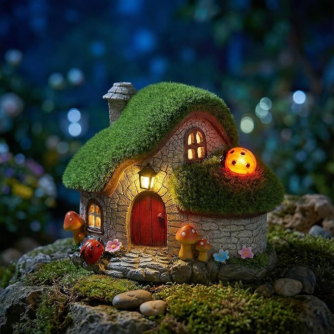 Solar Fairy Garden House Accessories, Outdoor Garden Statues with Ladybug Lights & Mushroom Gardening Gifts for Women, House Sculpture Figurine Outside Garden Decorations for Yard Patio Lawn Decor