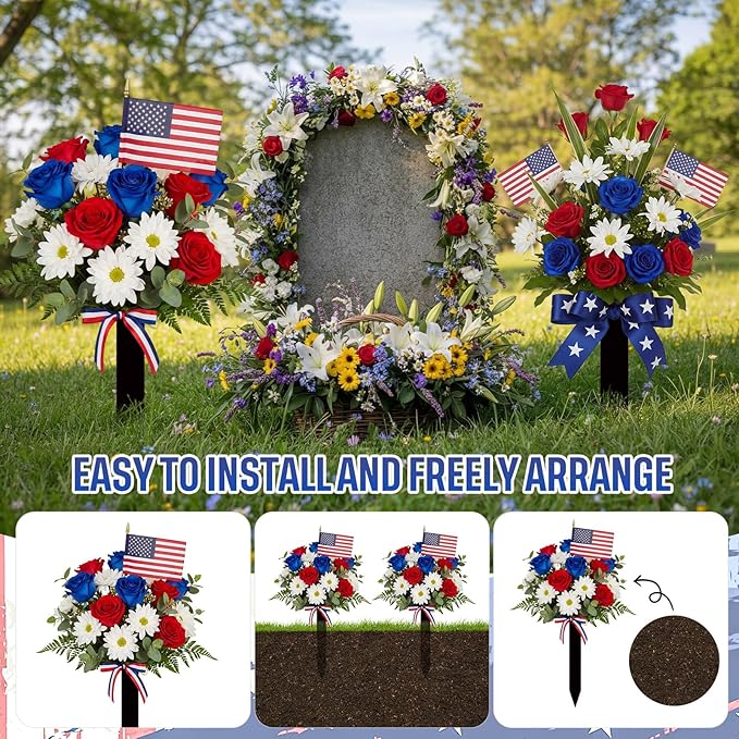 Frienda 2 Sets Cemetery Flowers Grave Stake Metal Floral Decor for Tombstone, Outdoor Gravesite Markers for Mom Dad, Memorial Day Spring Easter Grave Decor(Bouquet,Blue,Red,White)