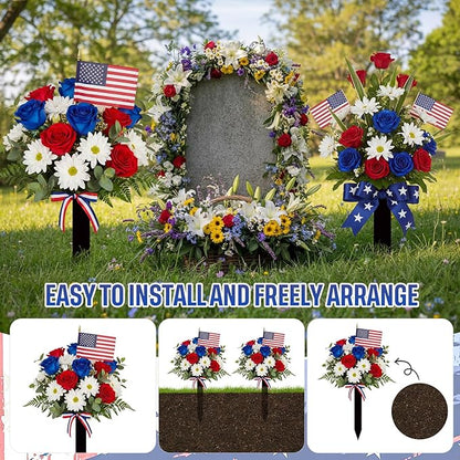 Frienda 2 Sets Cemetery Flowers Grave Stake Metal Floral Decor for Tombstone, Outdoor Gravesite Markers for Mom Dad, Memorial Day Spring Easter Grave Decor(Bouquet,Blue,Red,White)