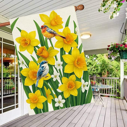 Baccessor Spring Summer Daffodils House Flag 28 x 40 Inch Double Sided Burlap Bluebirds Yellow Flower Green Leaf Farmhouse Large Yard Flag Summer Holiday Seasonal Outdoor Outside Decoration