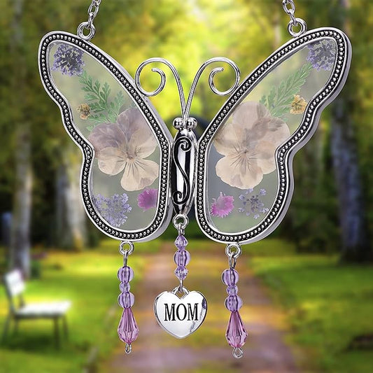 Laraine Butterfly Suncatcher with Pressed Colourful Flower Wings Mother's Day Butterfly Glass Wind Chime Ornament Charm with Metal Heart Gifts for Mom Grandma Birthday (Yellow Mom)