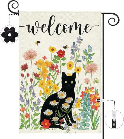 Baccessor Spring Summer Black Cat Garden Flag Double Sided 12.5 x 18 Inch Burlap with Clip and Stopper,Floral Flowers Welcome Flag Front Yard Lawn Seasonal Farmhouse Outside Outdoor Decoration
