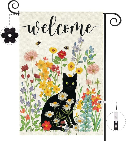 Baccessor Spring Summer Black Cat Garden Flag Double Sided 12.5 x 18 Inch Burlap with Clip and Stopper,Floral Flowers Welcome Flag Front Yard Lawn Seasonal Farmhouse Outside Outdoor Decoration