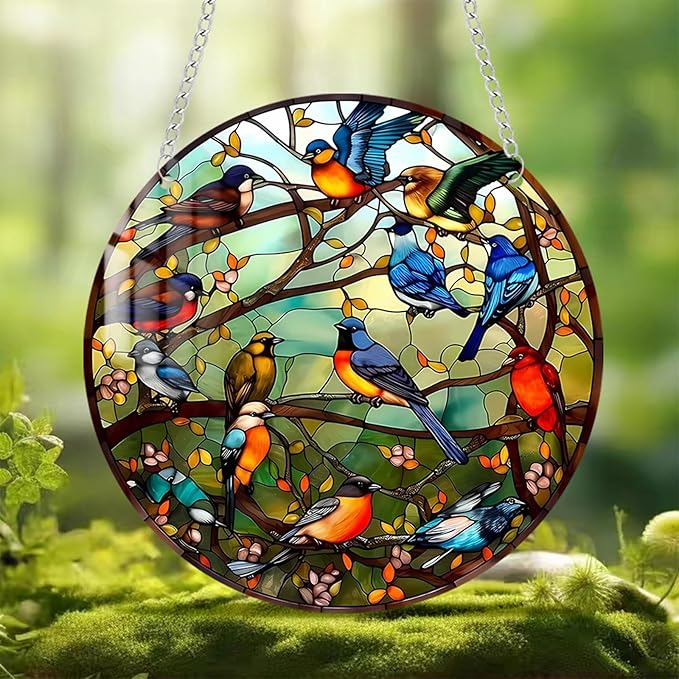 Stained Glass Window Hanging Suncatcher – Paint Cardinal & Hummingbird Panel, Round Glass Ornament, Birds on a Branch Nature Decor, Colorful Gift for Bird Lovers, Family, and Friends 5.9x5.9 in