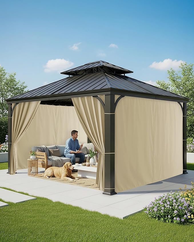 Patio Curtains Outdoor Waterproof - 10'Wx10'Lx7'H Weatherproof Pergola Outside Curtains, Gazebo Universal Replacement Privacy Curtains, 4 Panels Sidewall Drapes with Zipper, Cream