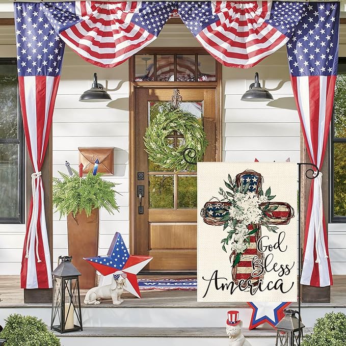 AVOIN colorlife God Bless America Stars and Stripes Garden Flag 12x18 Inch Double Sided, Memorial Day 4th of July Patriotic Lily Cross Yard Outdoor Decoration