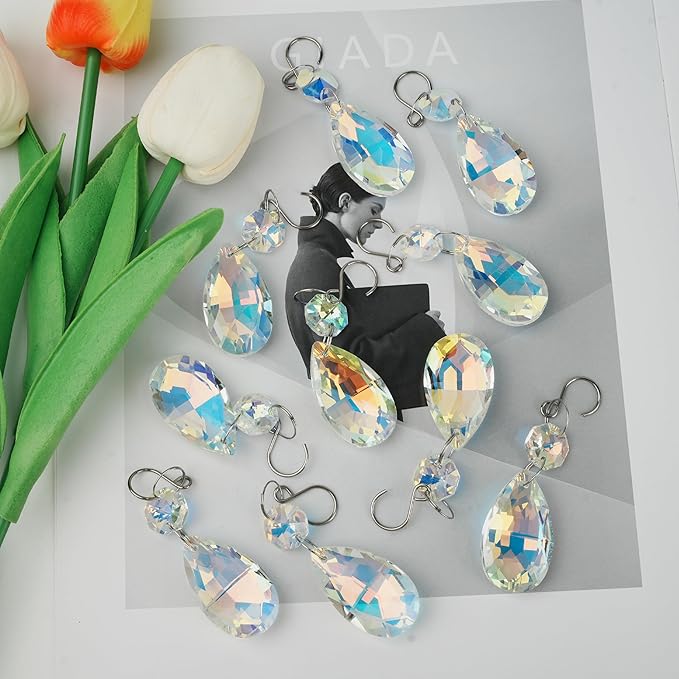 10pcs Crystal Sun Catcher, 38mm Hanging Clear Teardrops Crystals Chandelier Parts Prisms Pendants with Hook for Windows Lamps and Lanterns Party Birthday Decorations Home Decor (AB Color Teardrop)