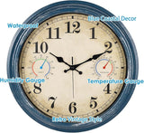 Large Outdoor Clock with Thermometer & Hygrometer Combo, 16 Inch Vintage Blue Coastal Decor Waterproof Indoor Outdoor Wall Clocks for Patio, Pool, Garden, Backyard