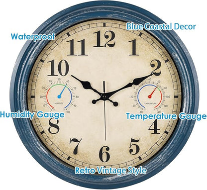 Large Outdoor Clock with Thermometer & Hygrometer Combo, 16 Inch Vintage Blue Coastal Decor Waterproof Indoor Outdoor Wall Clocks for Patio, Pool, Garden, Backyard