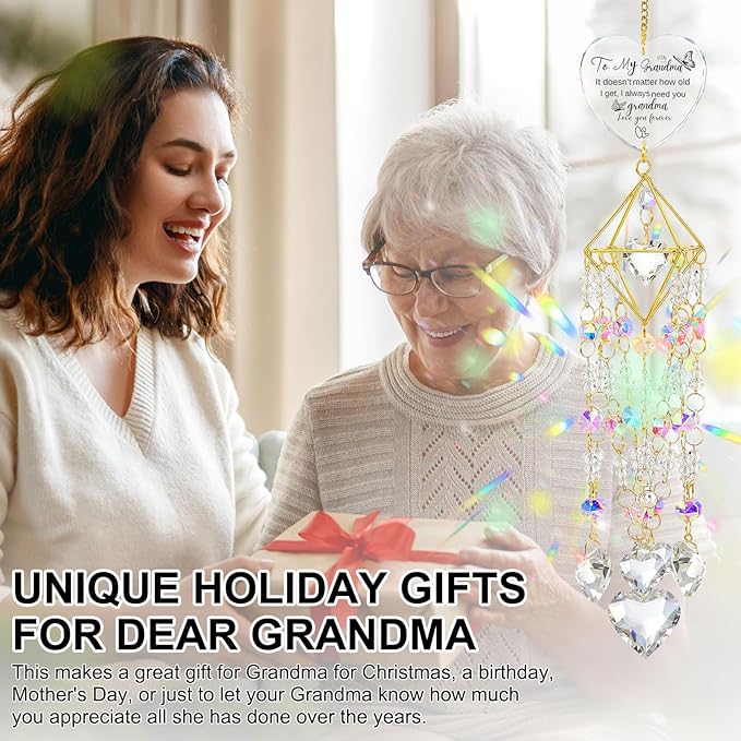 AceOrbit Grandma Thank You Gift, Crystal Suncatchers for Window Hanging Wind Chime Garden Suncatchers Rainbow Indoor Outdoor Decor Dazzling Unique Birthday Gifts for Grandma
