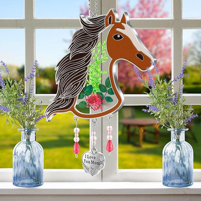 KY&BOSAM Suncatcher Horse Head Glass Hand-Painted I Love You Mom Suncatchers Ornament hangings Wind Chime with Pressed Flower Horse Embedded in Glass Window Mother`s Day Birthdays…