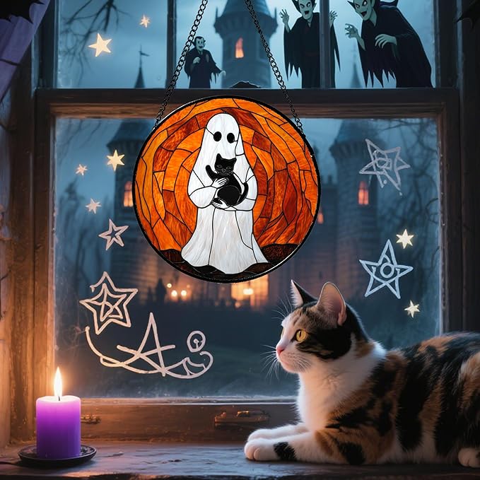 Stained Glass Window Hanging - Halloween Cute White Ghost Black Cat Suncatcher for Doors Garden Home Spooky Orange Sun Catchers Gothic Decor Horror Gift for Women Men Friend Boy Girl 11.8 in