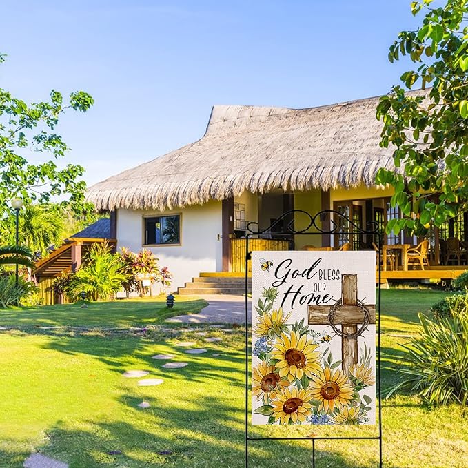 God Bless Our Home Spring Summer Easter Decorative House Flag, Religious Cross Sunflower Floral Garden Yard Outside Decorations, Inspirational Fall Autumn Outdoor Large Home Decor 28 x 40