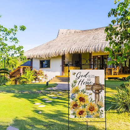God Bless Our Home Spring Summer Easter Decorative House Flag, Religious Cross Sunflower Floral Garden Yard Outside Decorations, Inspirational Fall Autumn Outdoor Large Home Decor 28 x 40