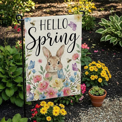 Hello Spring Garden Flag 12 x 18 Inch Double Sided Outside, Rabbit, Brightly Colored Bouquets, Hello Spring Easter Flag Yard Outdoor Easter Holiday Decoration