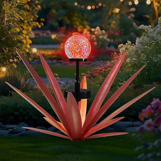 Tequila Rustic Sculpture Metal Yard Decor with Solar Mosaic Light, 21Inches Height Hand Painted Metal Agave Garden Statue Red