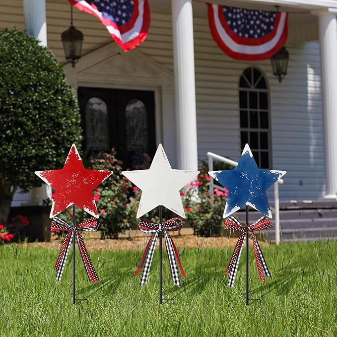 Amyhill 4th of July Outdoor Decorations Decor Patriotic Star Metal Garden Stakes Welcome Yard Signs Retro Red White Blue Garden Stakes for 250th Anniversary Patio Lawn Walkway Outside