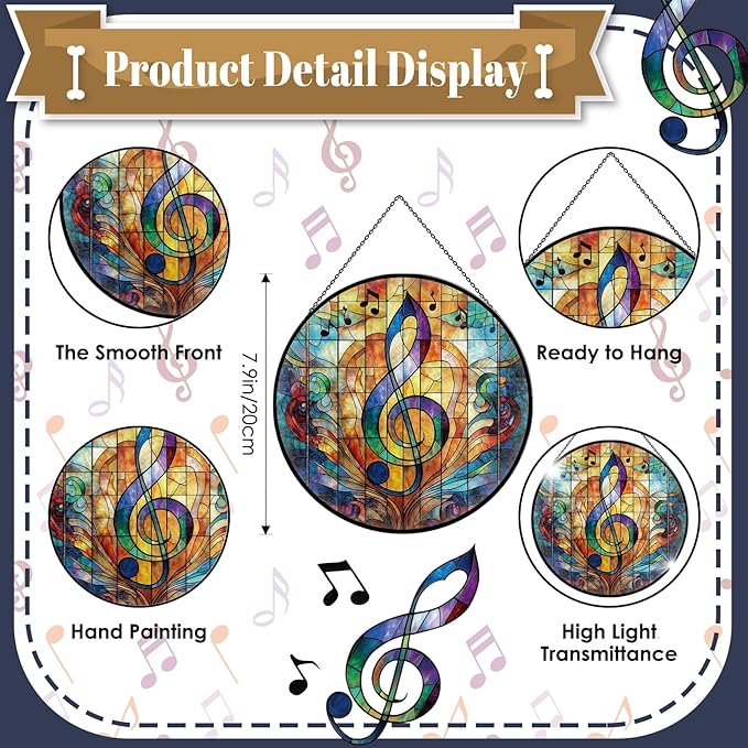 Stained Glass Window Hanging, 7.9'' Musical Note Suncatcher, Stained Glass Ornament, Suncatchers for Windows Hanging, Musical Note Gift for Music Lovers, Teachers, Graduation & Christmas