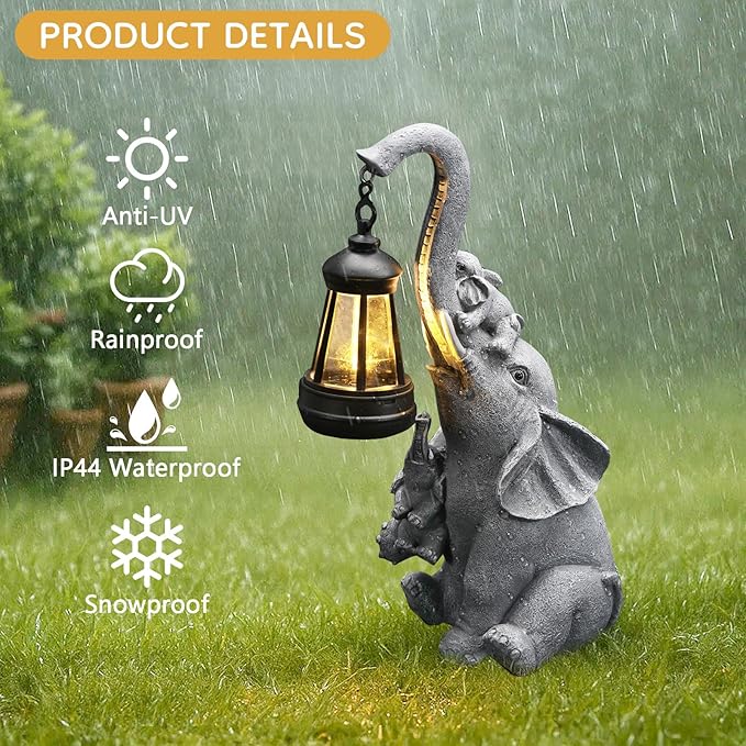 Solar Outdoor Garden Decor, Elephant Statue with Lantern for Patio, Yard Ornament and Lawn Decoration, Birthday Housewarming Gift for Mom, Wife, Grandma