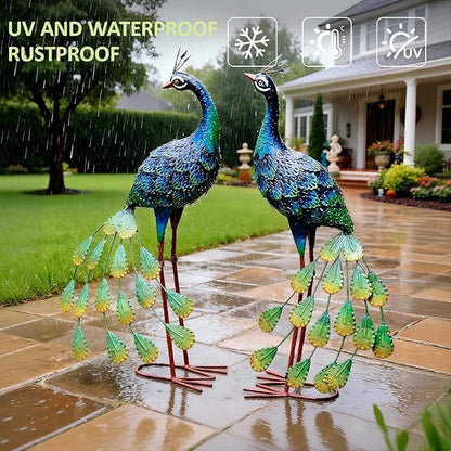Kircust Solar Metal Peacock Statues - Set of 2 Weatherproof Outdoor Decor with Solar Lights for Garden, Yard, or Patio - Elegant Peacock Gifts