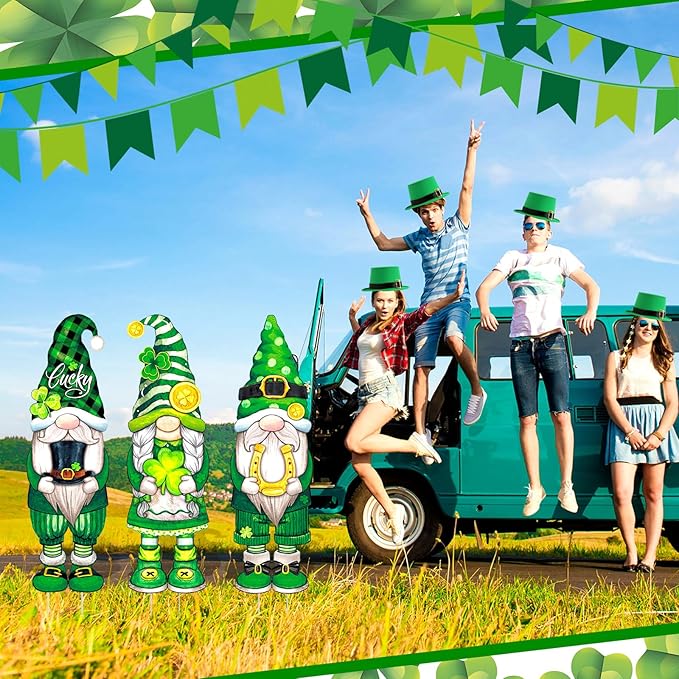 Umigy 3 Pcs St. Patrick's Day Yard Signs Shamrock Gnome Outdoor Decor with Stakes 32 x 10 Inch St. Patrick's Day Lawn Garden Decorations for Home Pathway Walkway