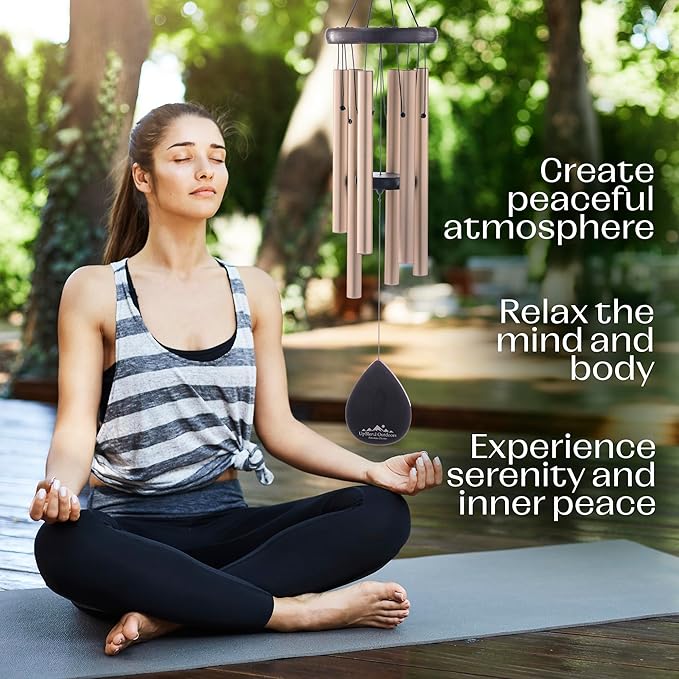 UpBlend Wind Chimes for Outside Gift – Deep Tone Wind Chime with Decorative Stone – Porch & Patio Decor, Elegant Outdoor Ornament, Garden Gifts. 28” Gold.