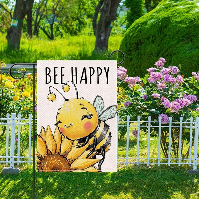 Artofy Spring Summer Bumble Bee Sunflower Small Decorative Garden Flag, Bee Happy Flower Floral Yard Lawn Outside Decor, Honeybee Seasonal Burlap Outdoor Home Decoration Double Sided 12 x 18