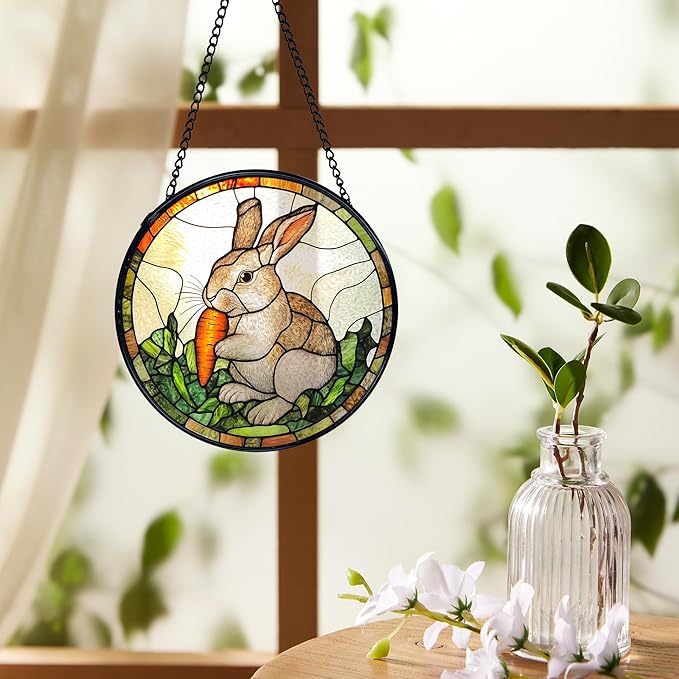 Easter Bunny Carrot Suncatchers Stained Glass Window Hanging, Easter Bunny Decor Sun Catchers Indoor Window Glass Round Wall Decor, Rabbit Wall Hanging Decorations, 7.9x7.9in