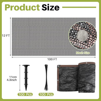 Koi Pond Netting Kit 12 x 100ft, Heavy-Duty Pe, Bird Deer Fence Netting, Durable Net Cover for Leaves, Protect Fish from Blue Heron Bird, Cats & Predators, Stakes & Ties Included