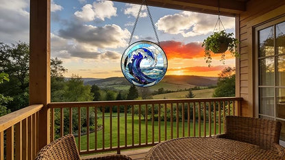 Stained Glass Window Hanging - Huge Waves and Turbulent Seas 6.3 Inches Suncatcher for Garden Home Decor for Women Mon Grandma Friends